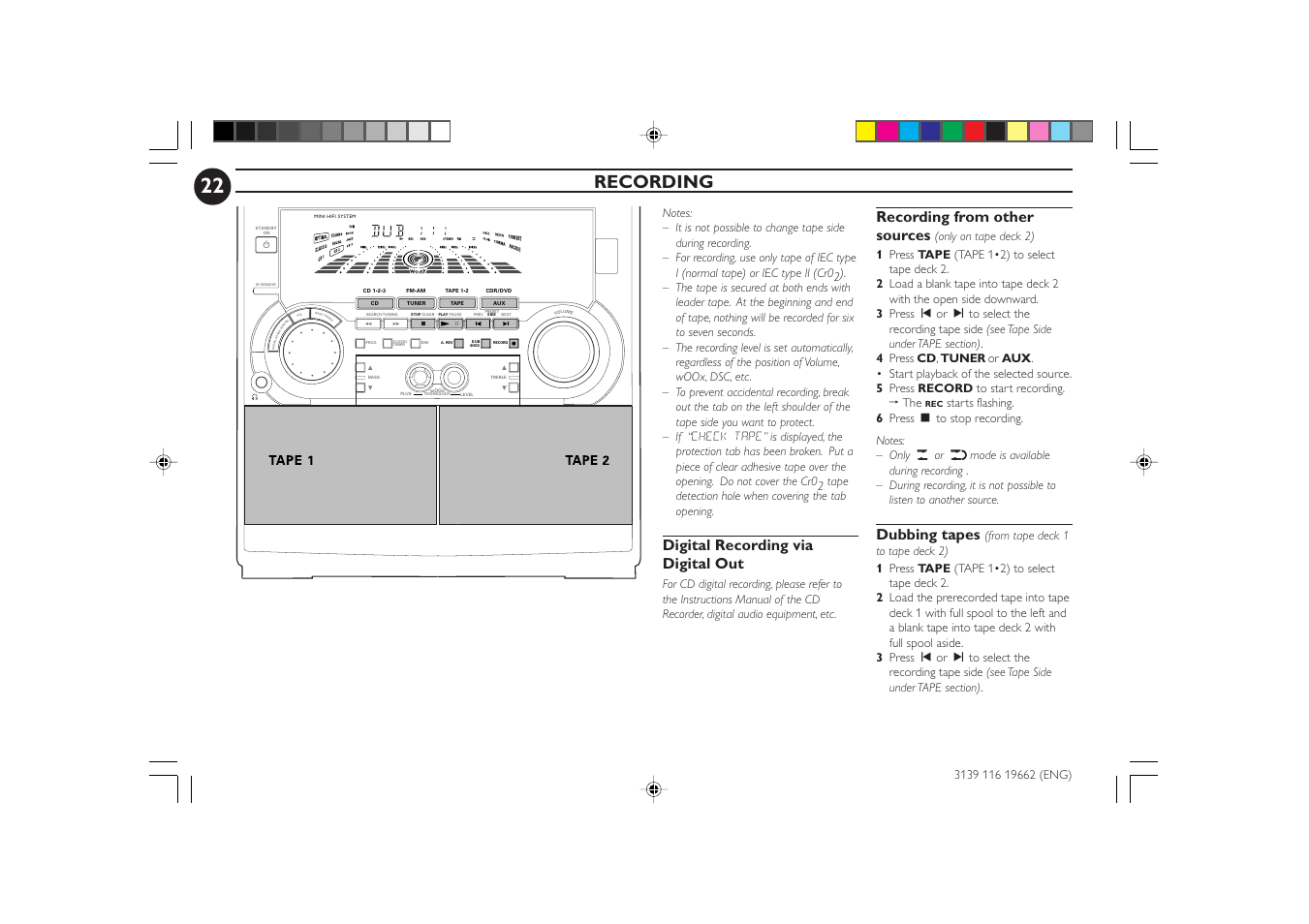 Bass/t re bl e, Ve c, Recording | Philips FW-C80 User Manual | Page 22 / 30