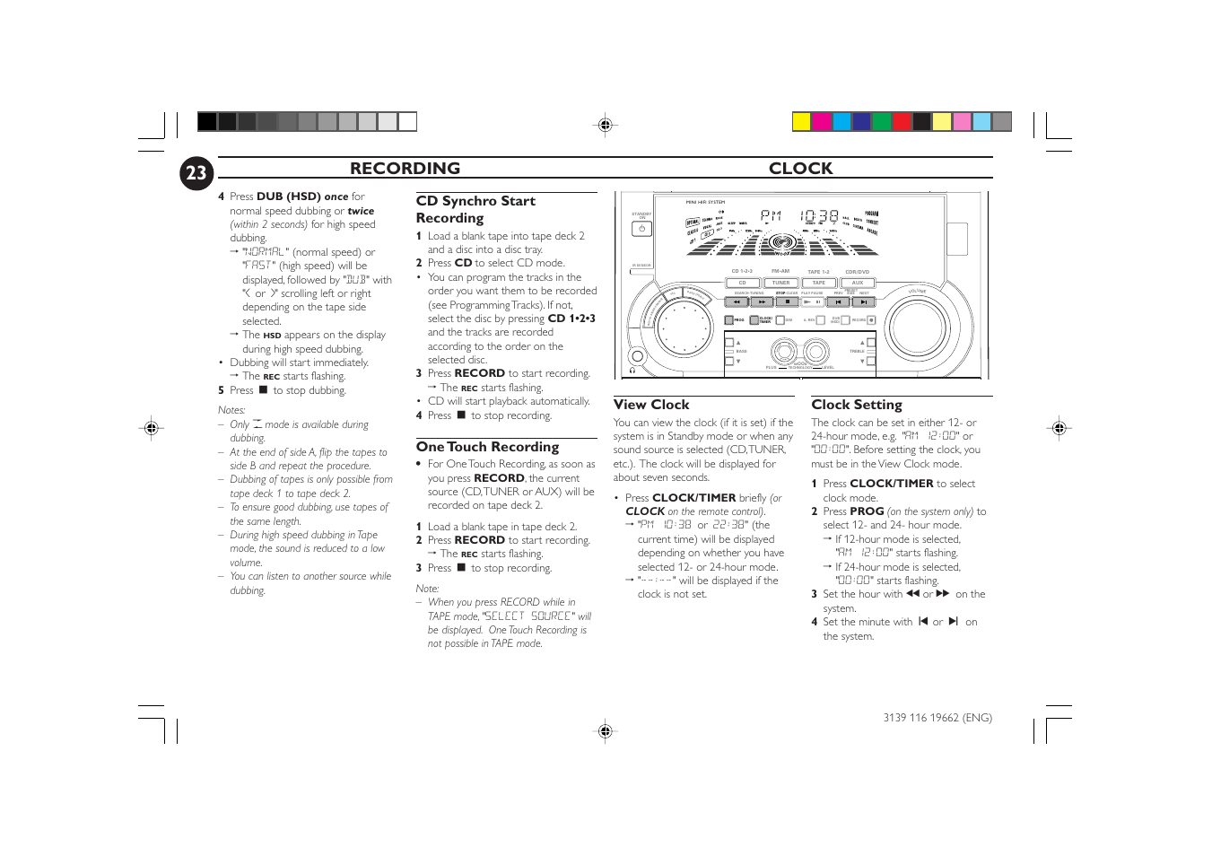 Bass/t re bl e, Ve c, Recording clock | Philips FW-C80 User Manual | Page 23 / 30