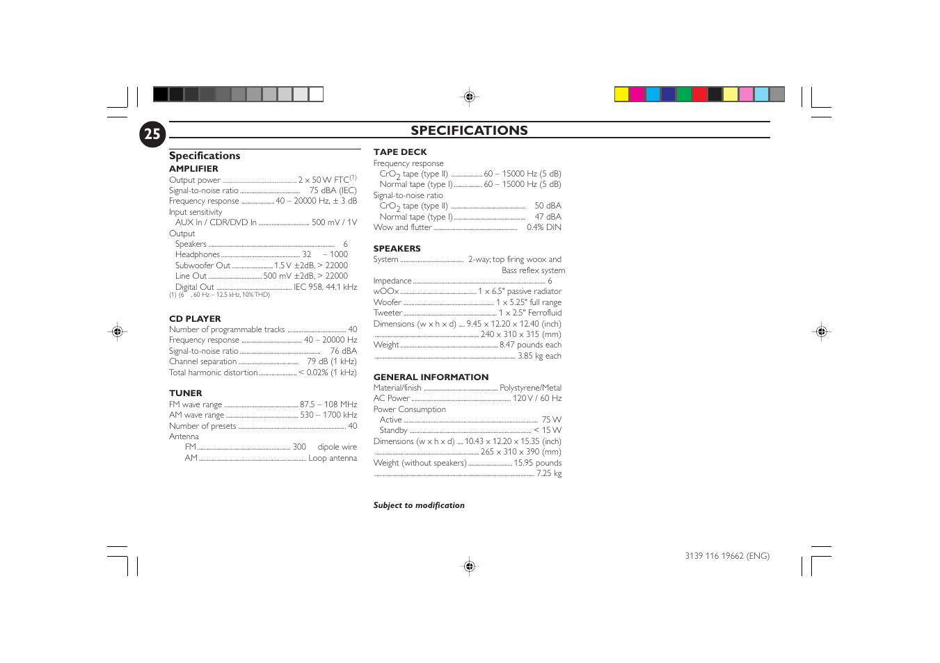 Specifications | Philips FW-C80 User Manual | Page 25 / 30