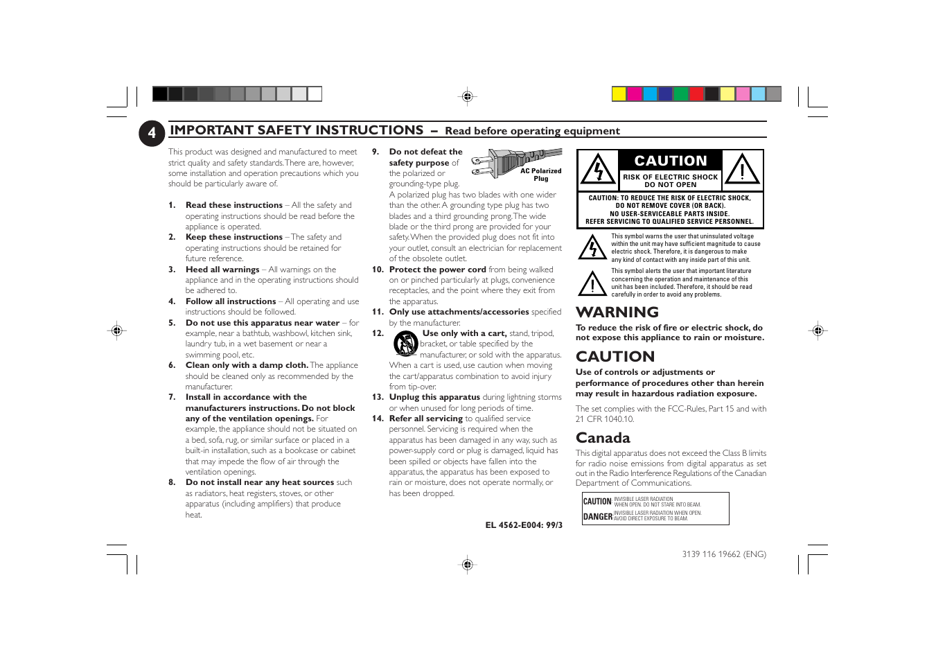 Warning, Canada, Important safety instructions | Caution | Philips FW-C80 User Manual | Page 4 / 30