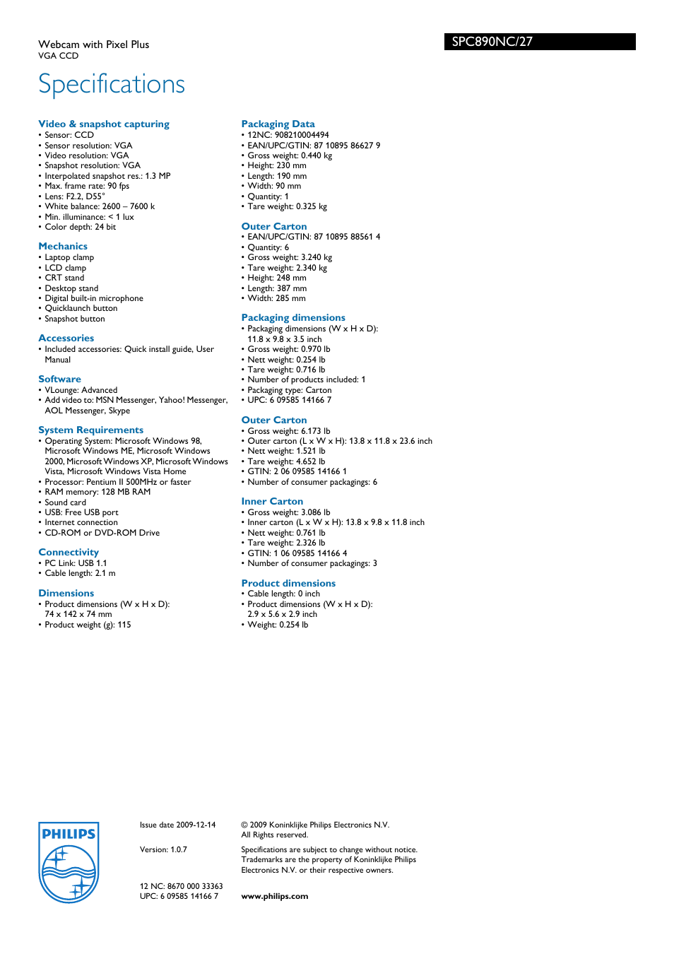 Specifications | Philips SPC890NC User Manual | Page 3 / 3