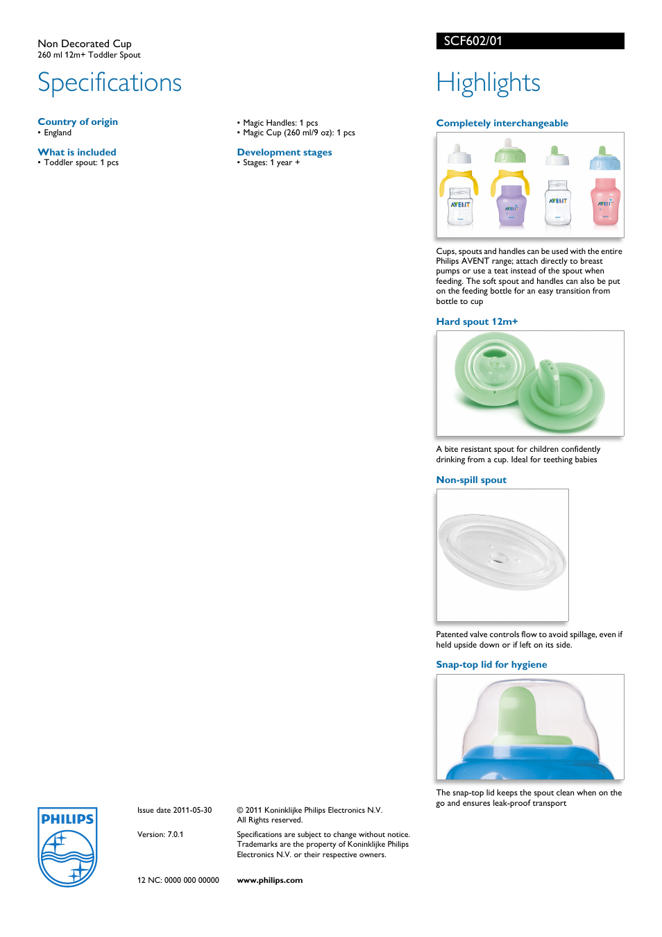 Specifications, Highlights, Philips | Philips Avent SCF602/01 User Manual | Page 2 / 2