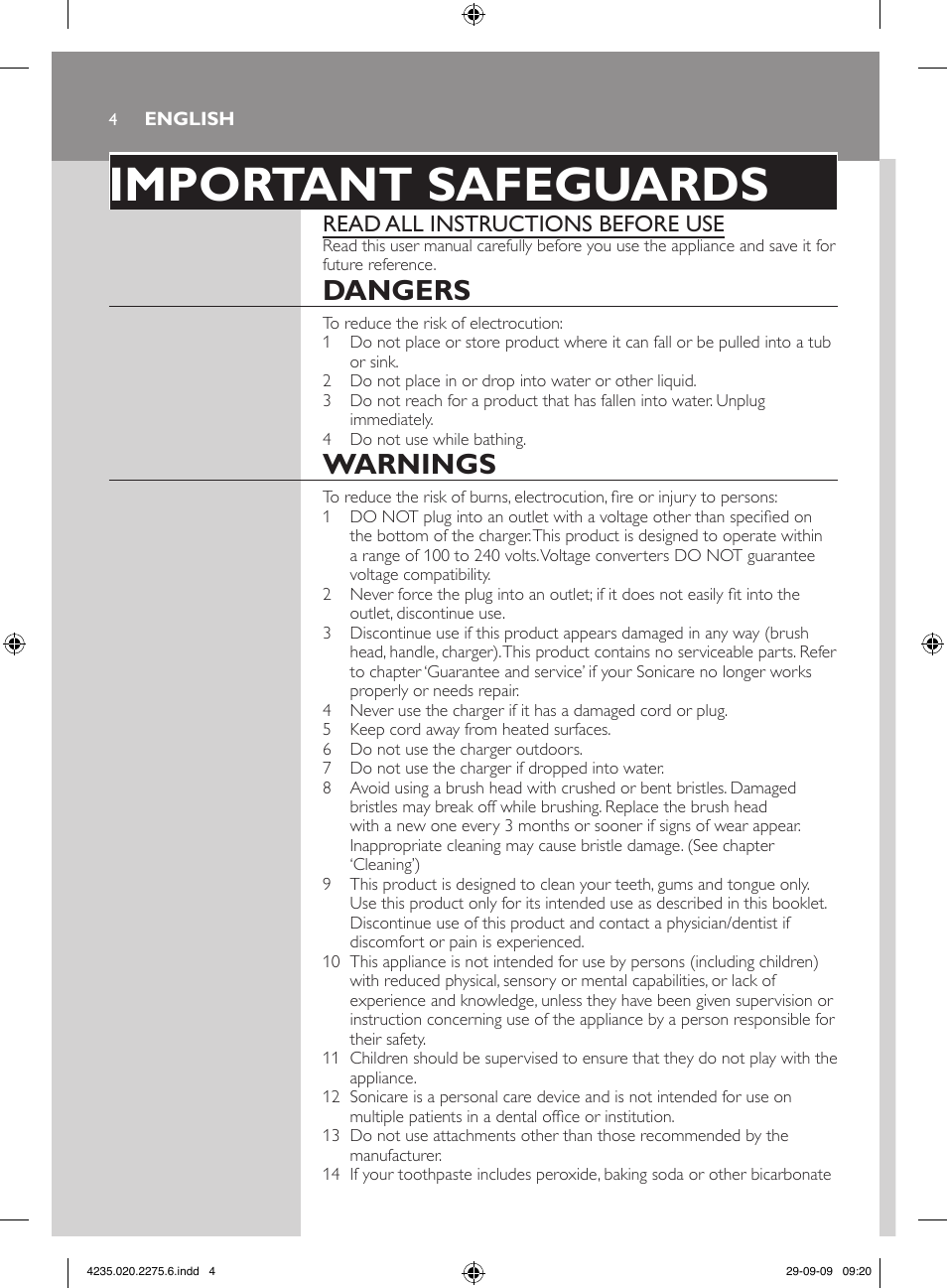 Important safeguards, Dangers, Warnings | Read all instructions before use | Philips FlexCare HX6910 User Manual | Page 4 / 16