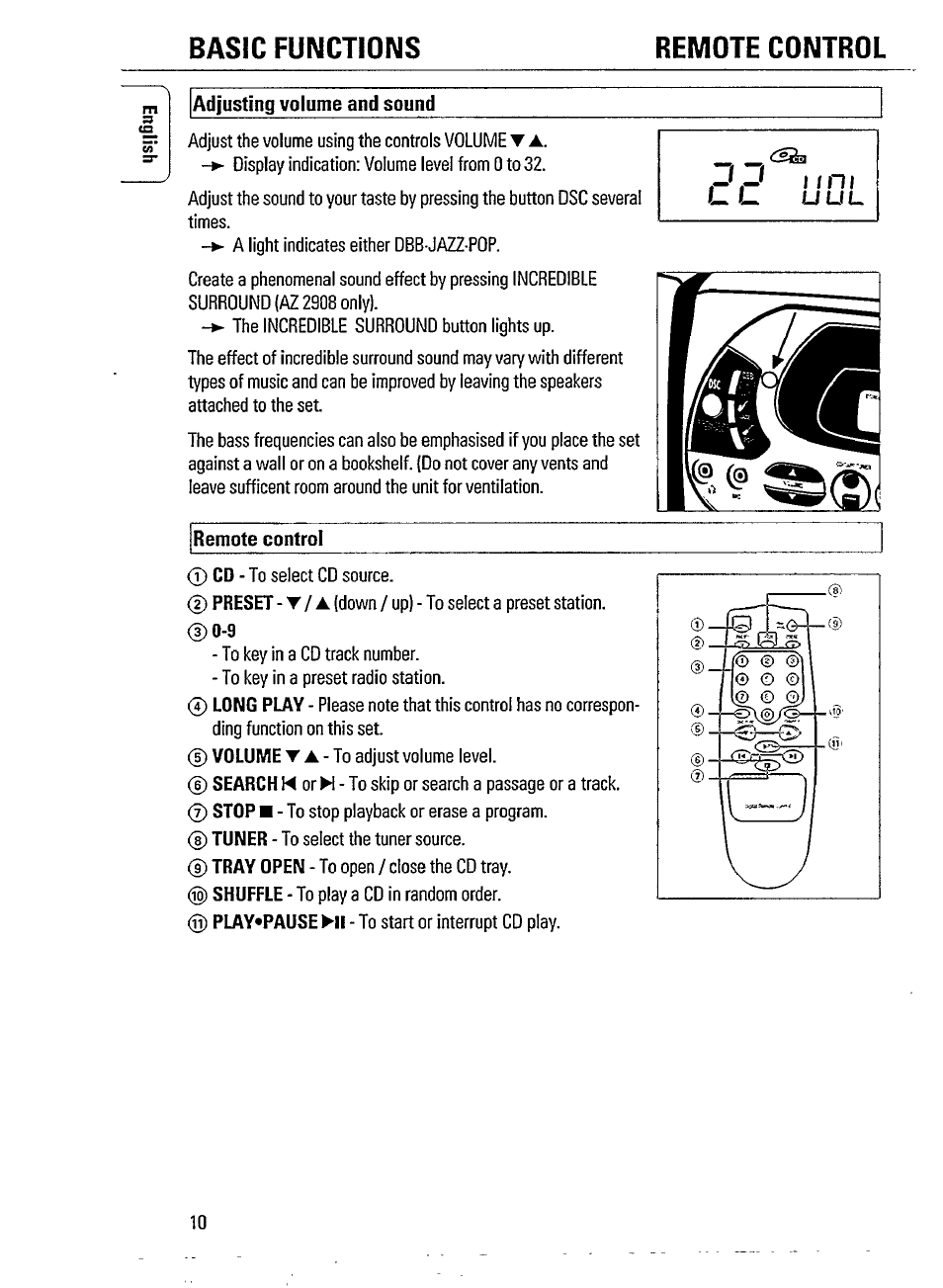 Basic functions remote control | Philips AZ 2908 User Manual | Page 10 / 21