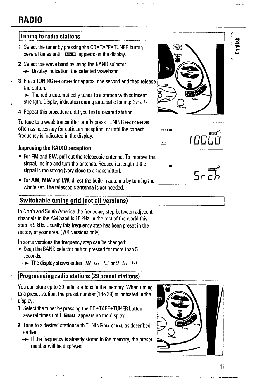 Tuning to radio stations, Switchable tuning grid (not all versions), Programming radio stations (29 preset stations) | Radio | Philips AZ 2908 User Manual | Page 11 / 21