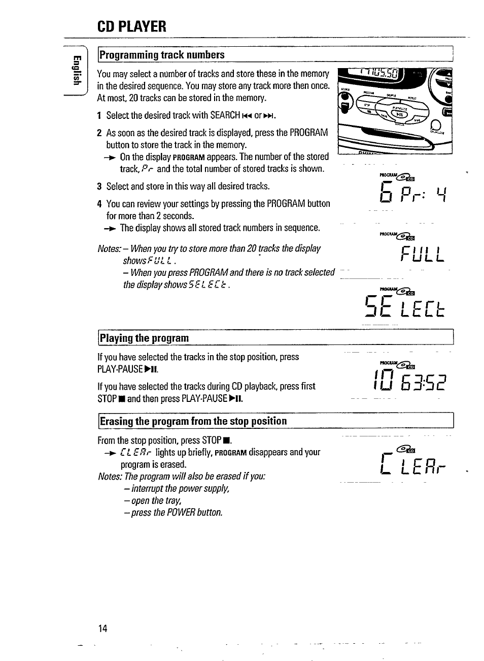 Programming track numbers, Playing the program, Erasing the program from the stop position | B p r : h, L l ) ctl, L u b 3 s b, Cd player | Philips AZ 2908 User Manual | Page 14 / 21