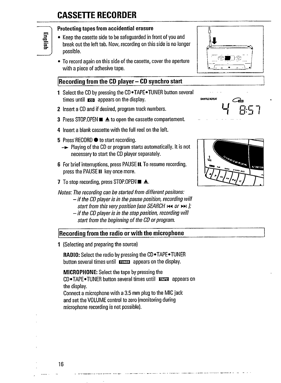 Recording from the cd player - cd synchro start, Recording from the radio or with the microphone, Cassehe recorder | Philips AZ 2908 User Manual | Page 16 / 21