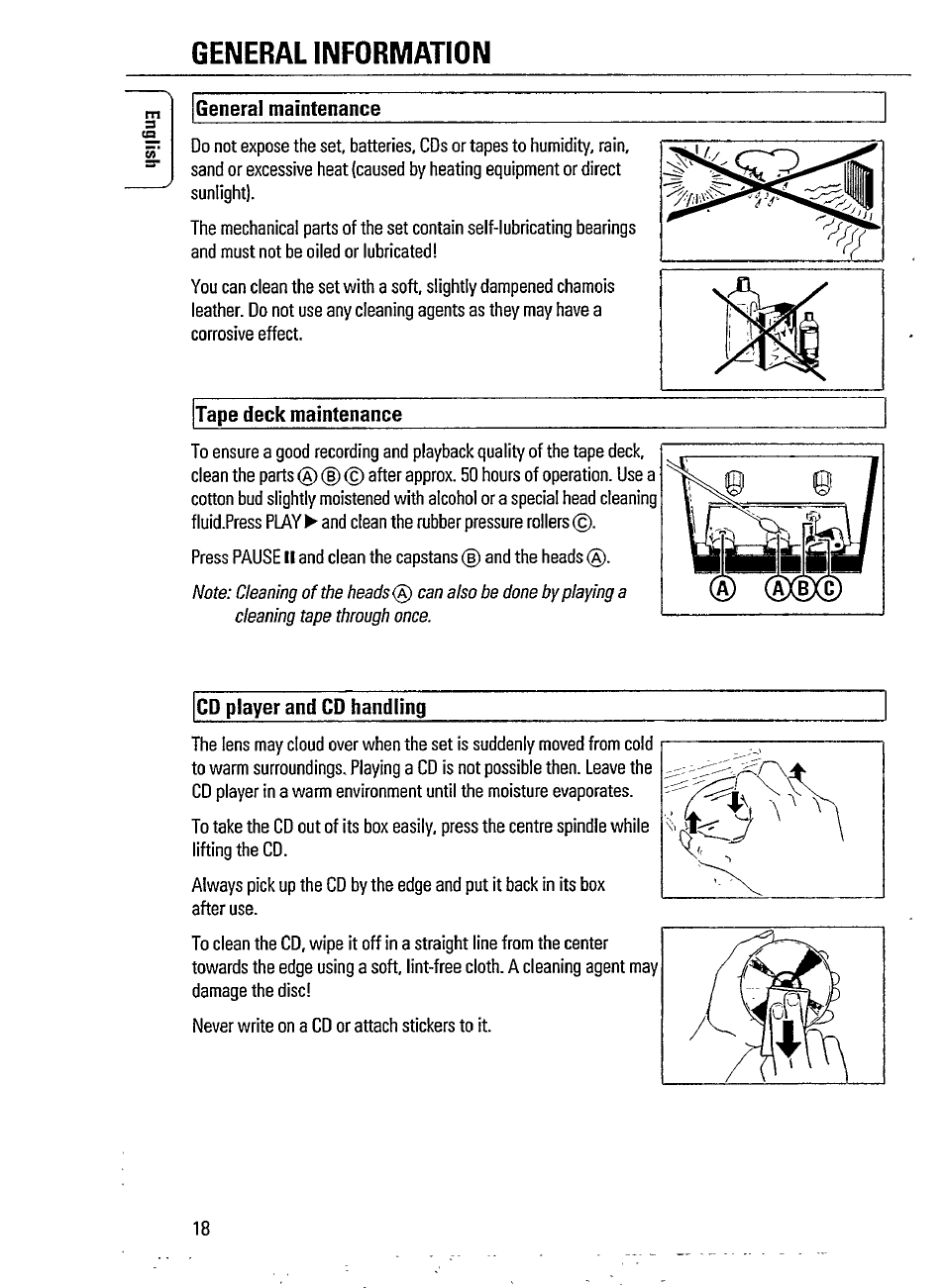 General maintenance, Tape deck maintenance, Cd player and cd handling | General information | Philips AZ 2908 User Manual | Page 18 / 21