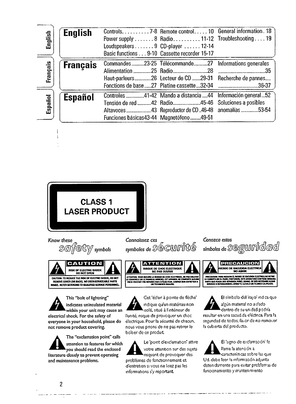 English, Français, Español | Philips AZ 2908 User Manual | Page 2 / 21