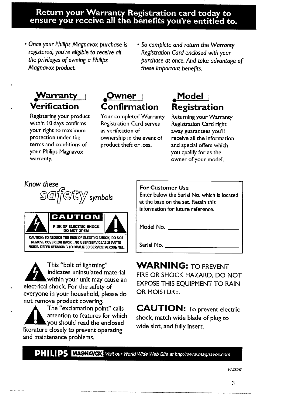 Verification, Owner i confirmation, Model i registration | Warning, Caution, Philips | Philips AZ 2908 User Manual | Page 3 / 21