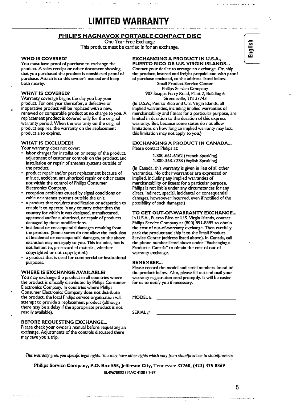 Limited warranty, Philips magnavox portable compact disc | Philips AZ 2908 User Manual | Page 5 / 21