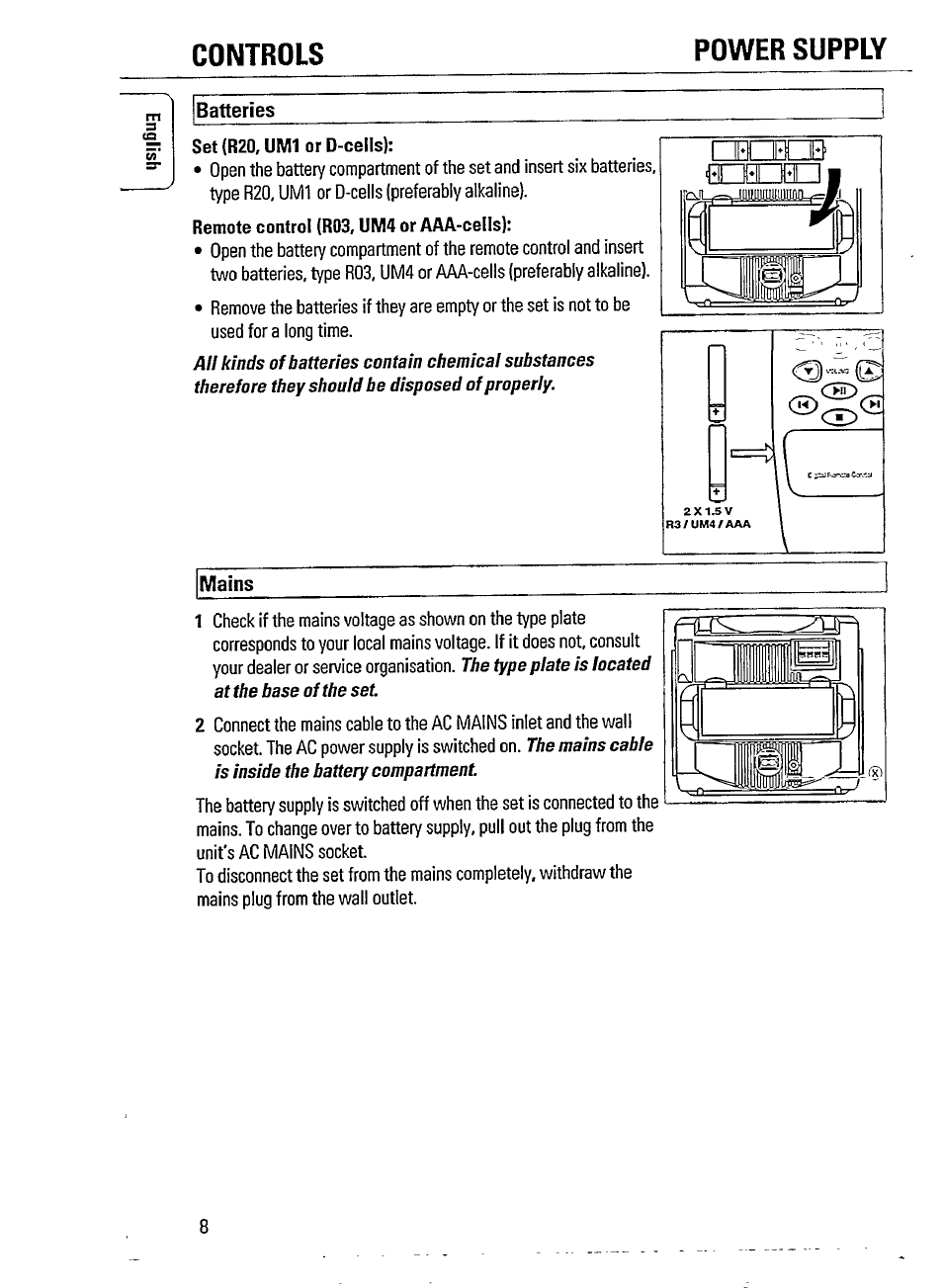 Batteries, Mains, Controls power supply | Philips AZ 2908 User Manual | Page 8 / 21