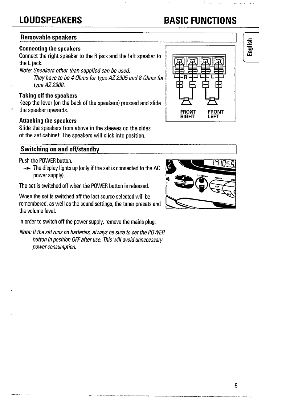 Removable speakers, Switching on and off/standby, Loudspeakers basic functions | Philips AZ 2908 User Manual | Page 9 / 21