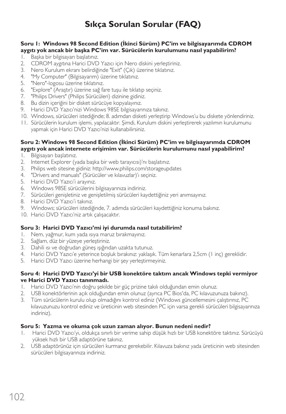 Sıkça sorulan sorular (faq) | Philips External Drive SPD3600CC DVD 20x ReWriter User Manual | Page 102 / 112