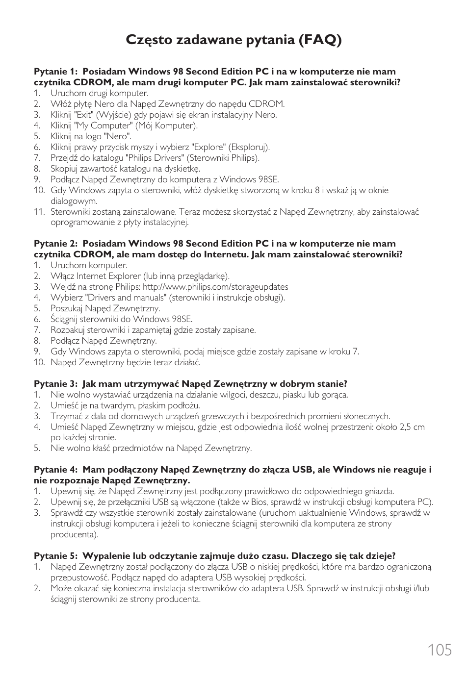 Często zadawane pytania (faq) | Philips External Drive SPD3600CC DVD 20x ReWriter User Manual | Page 105 / 112