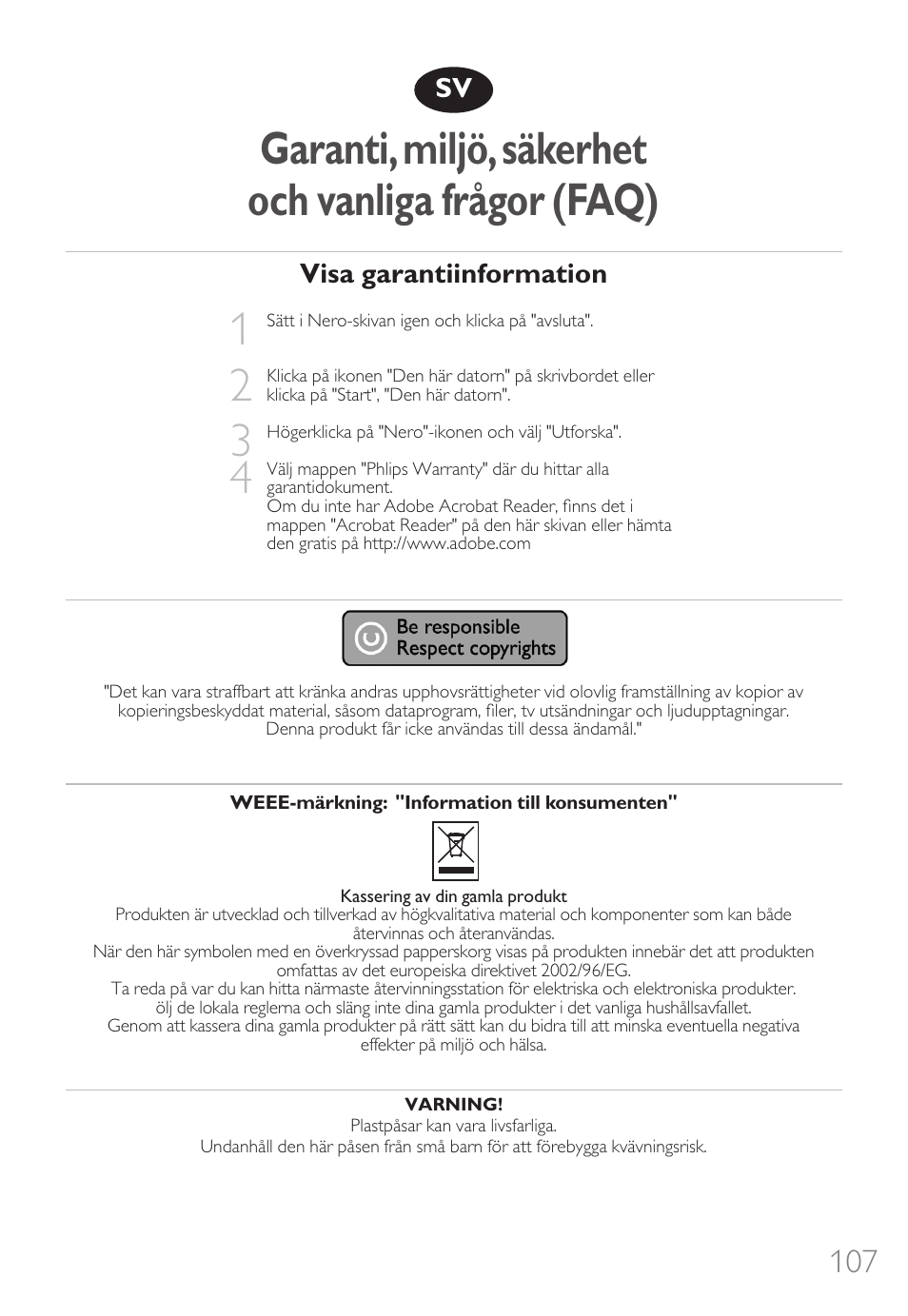 Garanti,miljö,säkerhet och vanliga frågor (faq) | Philips External Drive SPD3600CC DVD 20x ReWriter User Manual | Page 107 / 112