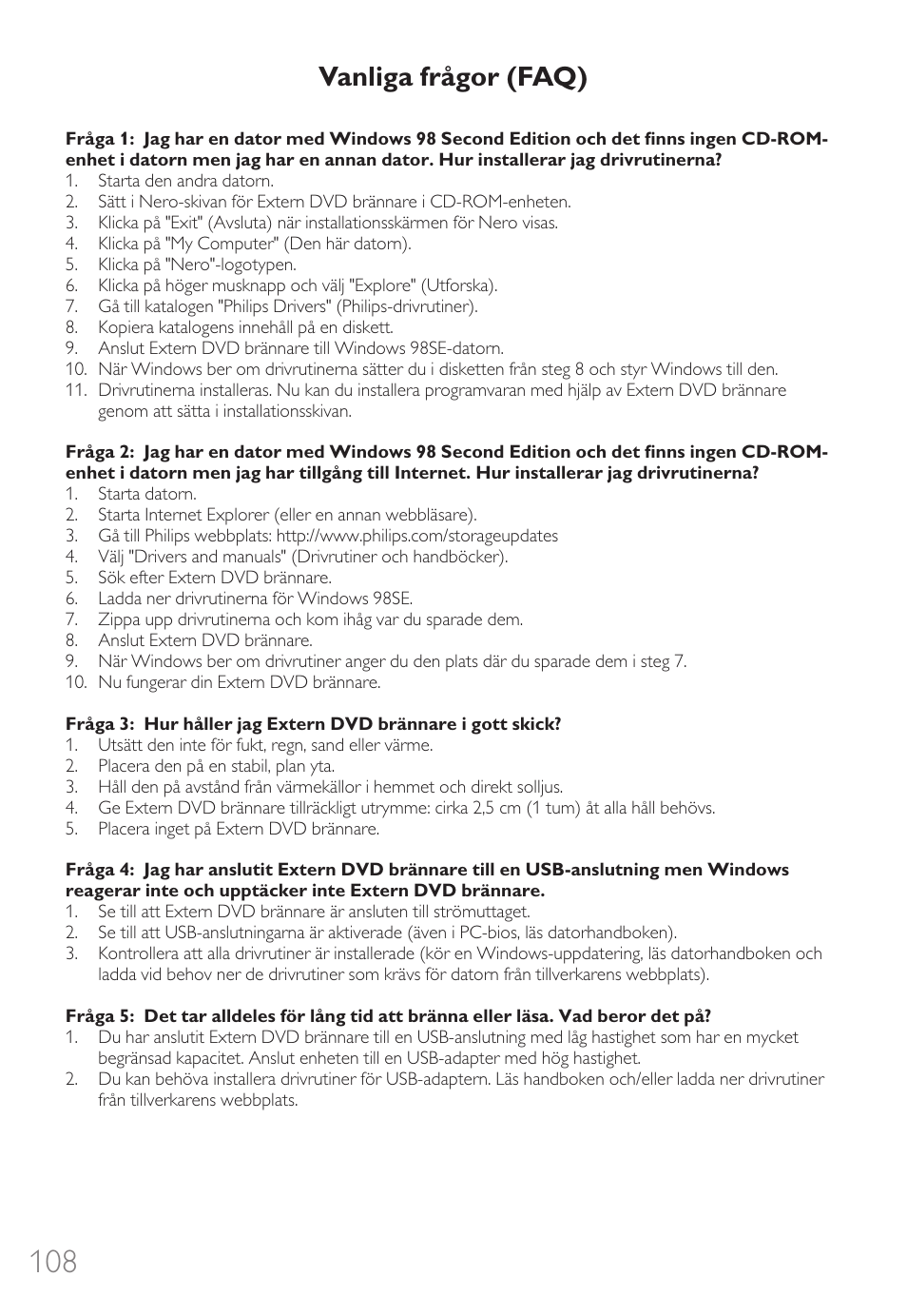 Vanliga frågor (faq) | Philips External Drive SPD3600CC DVD 20x ReWriter User Manual | Page 108 / 112