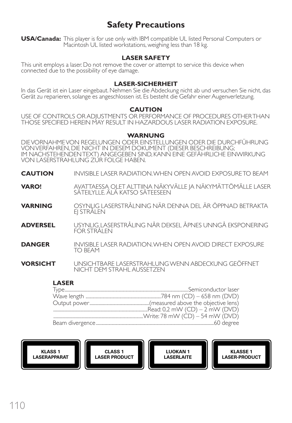 Safety precautions | Philips External Drive SPD3600CC DVD 20x ReWriter User Manual | Page 110 / 112