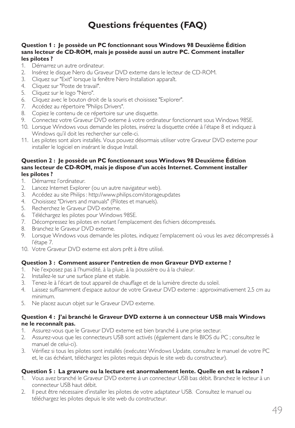 Questions fréquentes (faq) | Philips External Drive SPD3600CC DVD 20x ReWriter User Manual | Page 49 / 112