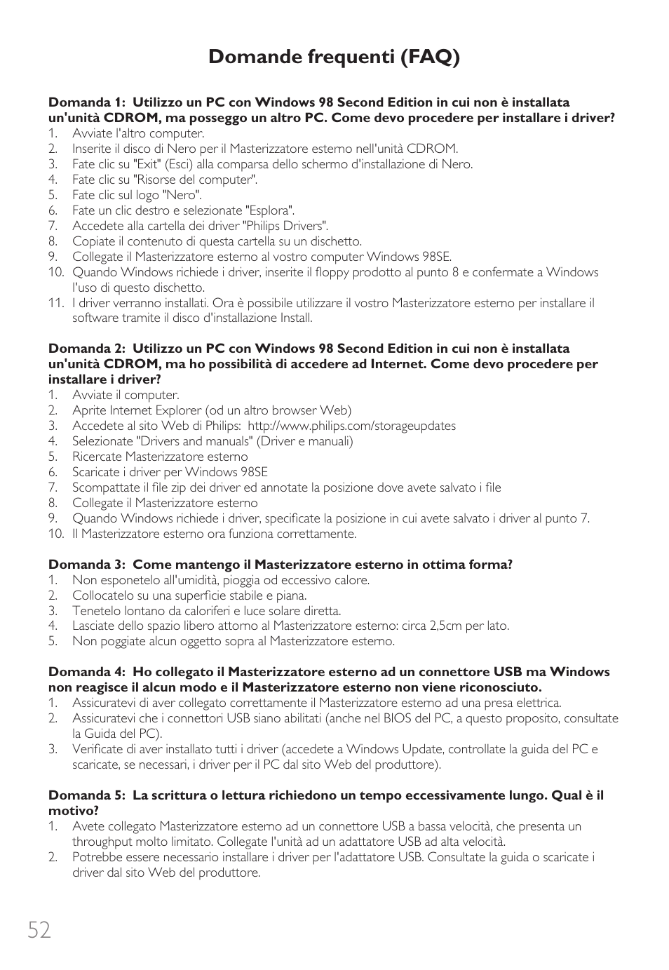 Domande frequenti (faq) | Philips External Drive SPD3600CC DVD 20x ReWriter User Manual | Page 52 / 112
