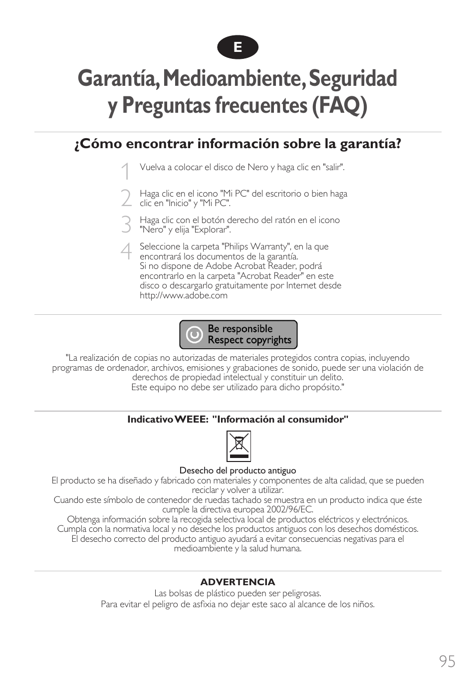 Cómo encontrar información sobre la garantía | Philips External Drive SPD3600CC DVD 20x ReWriter User Manual | Page 95 / 112