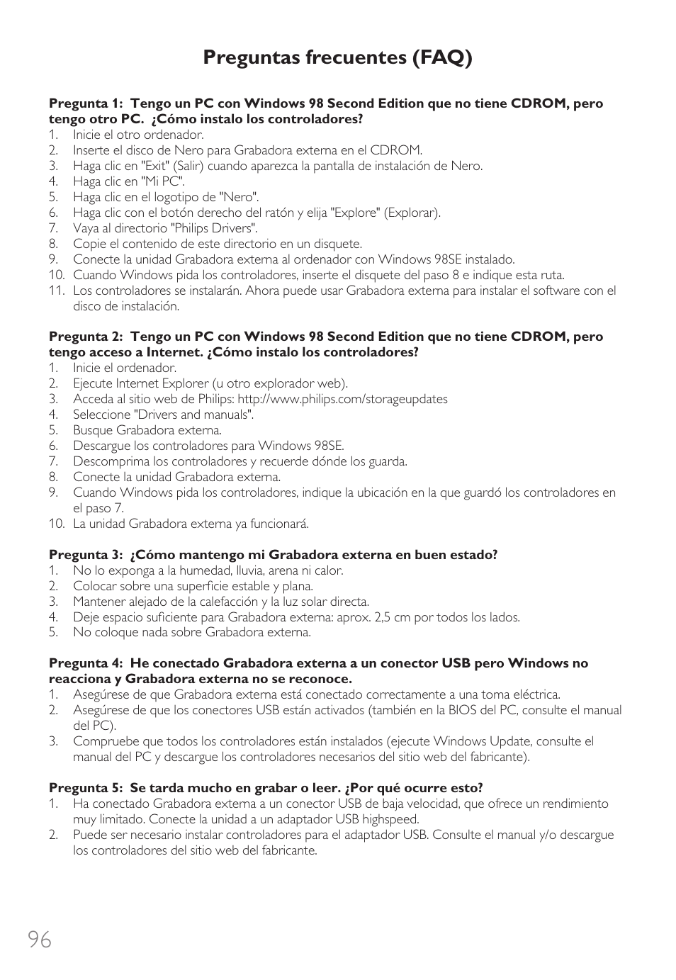 Preguntas frecuentes (faq) | Philips External Drive SPD3600CC DVD 20x ReWriter User Manual | Page 96 / 112
