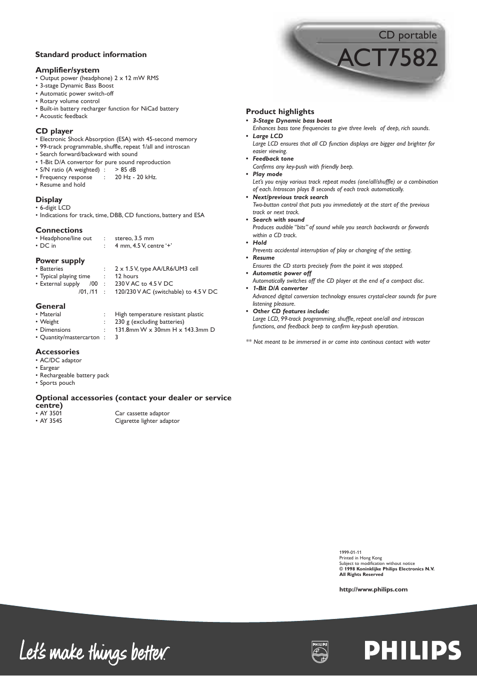 Act7582, Cd portable | Philips ACT7582 User Manual | Page 2 / 2