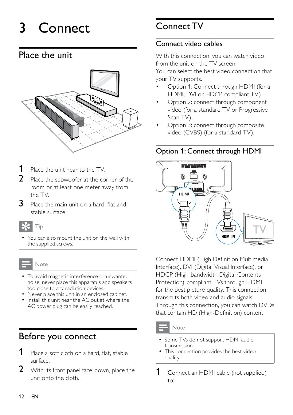 3 connect, Place the unit, Before you connect | Connect tv | Philips DCM263/55 User Manual | Page 11 / 36