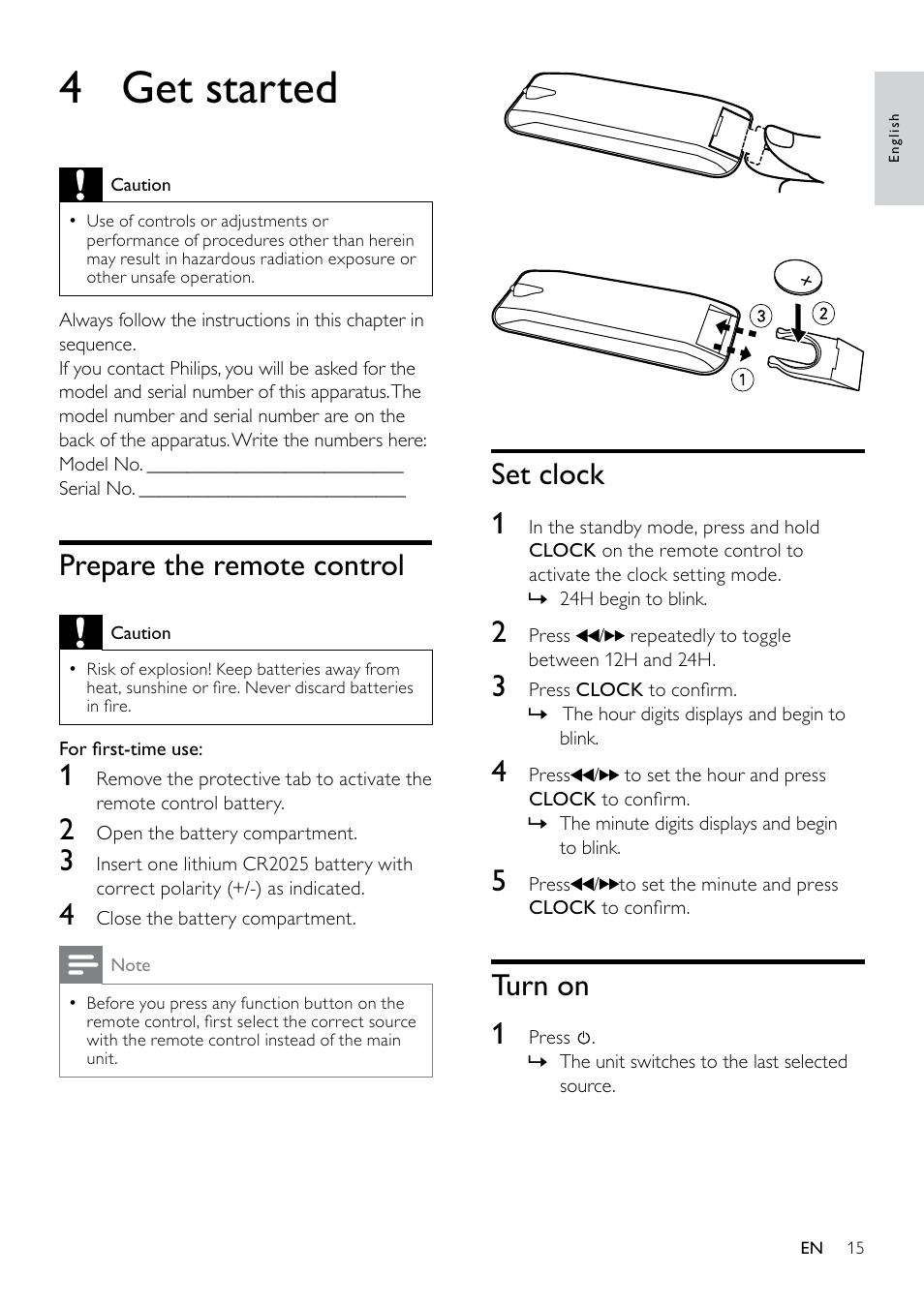 4 get started, Prepare the remote control, Set clock | Turn on, 4 get, Started | Philips DCM263/55 User Manual | Page 14 / 36