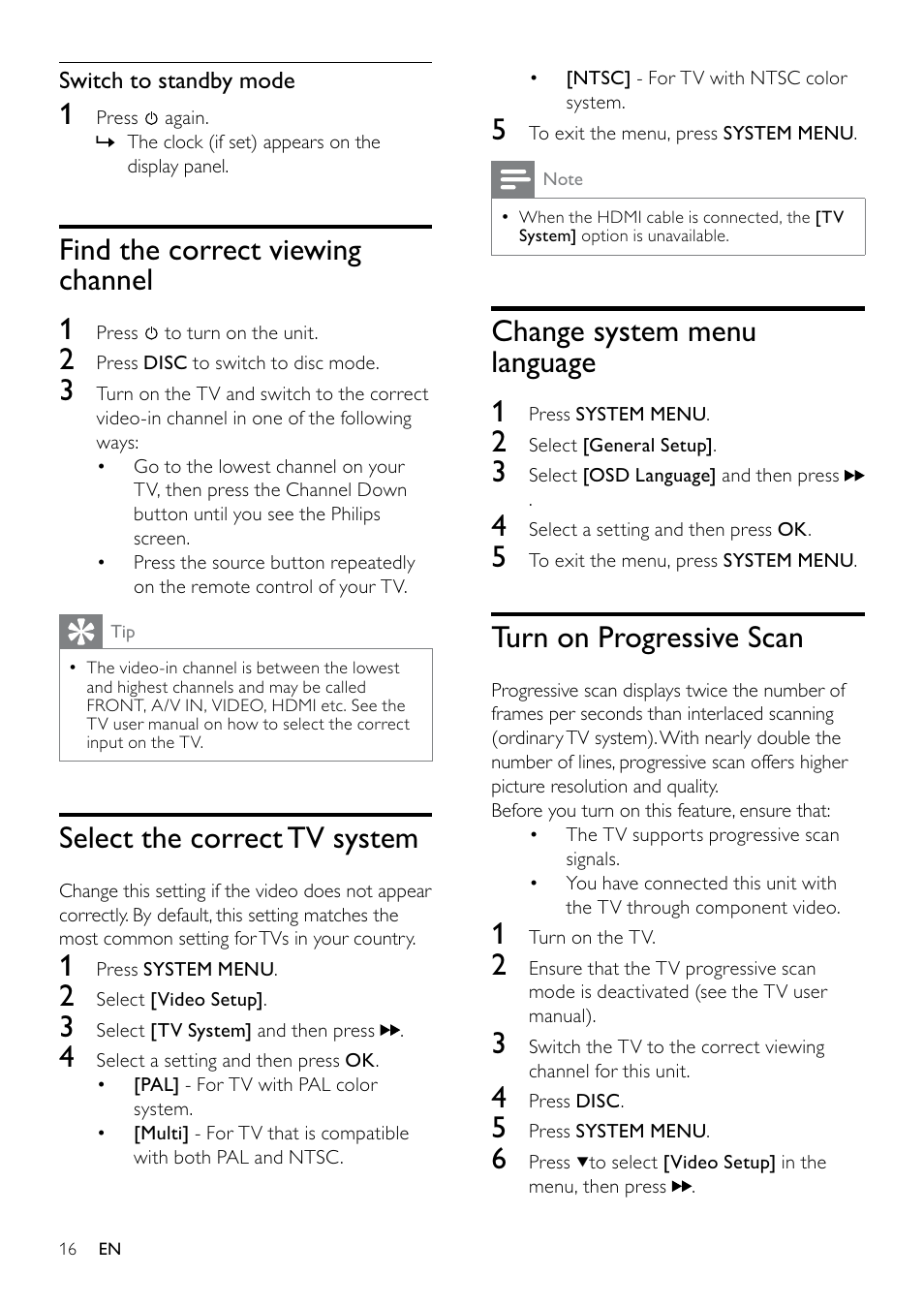 Find the correct viewing channel, Select the correct tv system, Change system menu language | Turn on progressive scan, Change system menu language 1, Find the correct viewing channel 1 | Philips DCM263/55 User Manual | Page 15 / 36