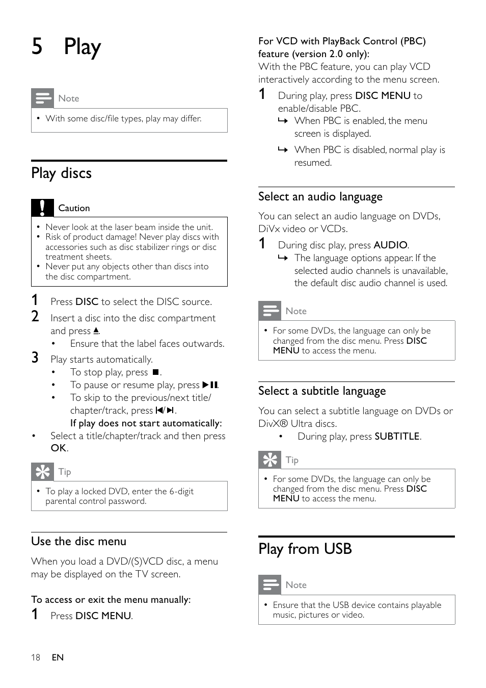 5 play, Play discs, Play from usb | Philips DCM263/55 User Manual | Page 17 / 36