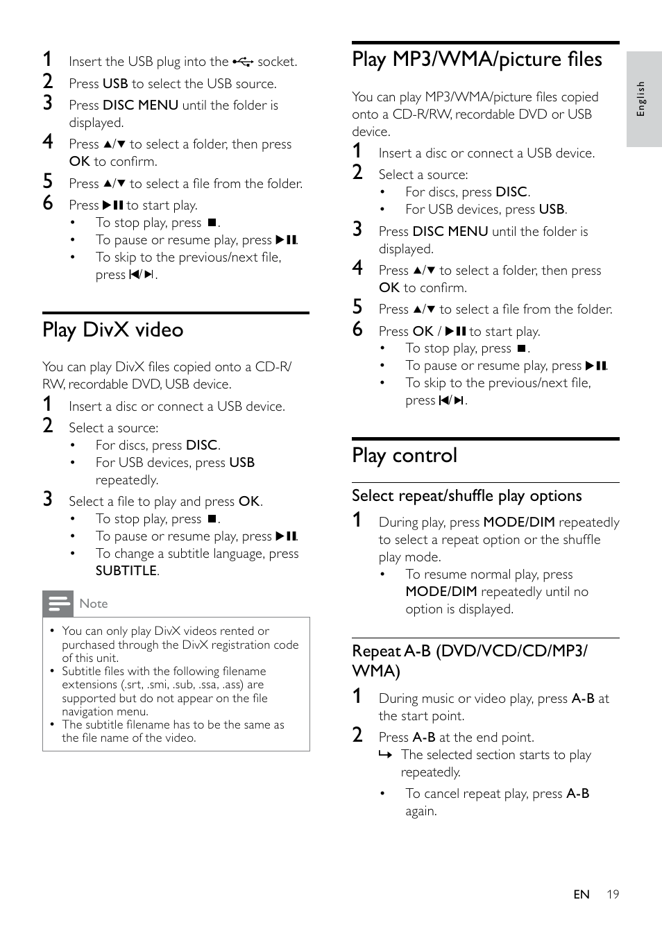 Play divx video, Play mp3/wma/picture files, Play control | Play mp3/wma/picture ﬁles | Philips DCM263/55 User Manual | Page 18 / 36