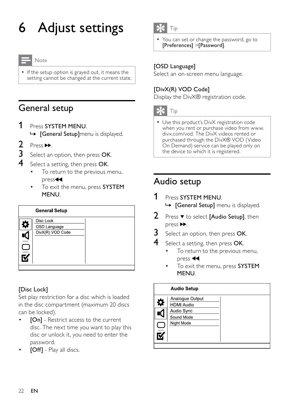 6 adjust settings, General setup, Audio setup | 6 adjust, Settings | Philips DCM263/55 User Manual | Page 21 / 36
