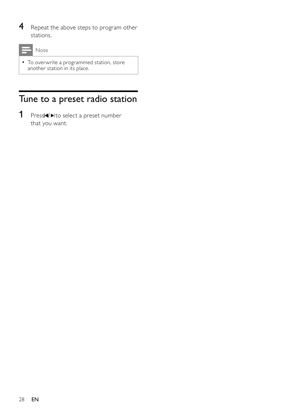 Tune to a preset radio station, Tune to a preset radio station 1 | Philips DCM263/55 User Manual | Page 27 / 36