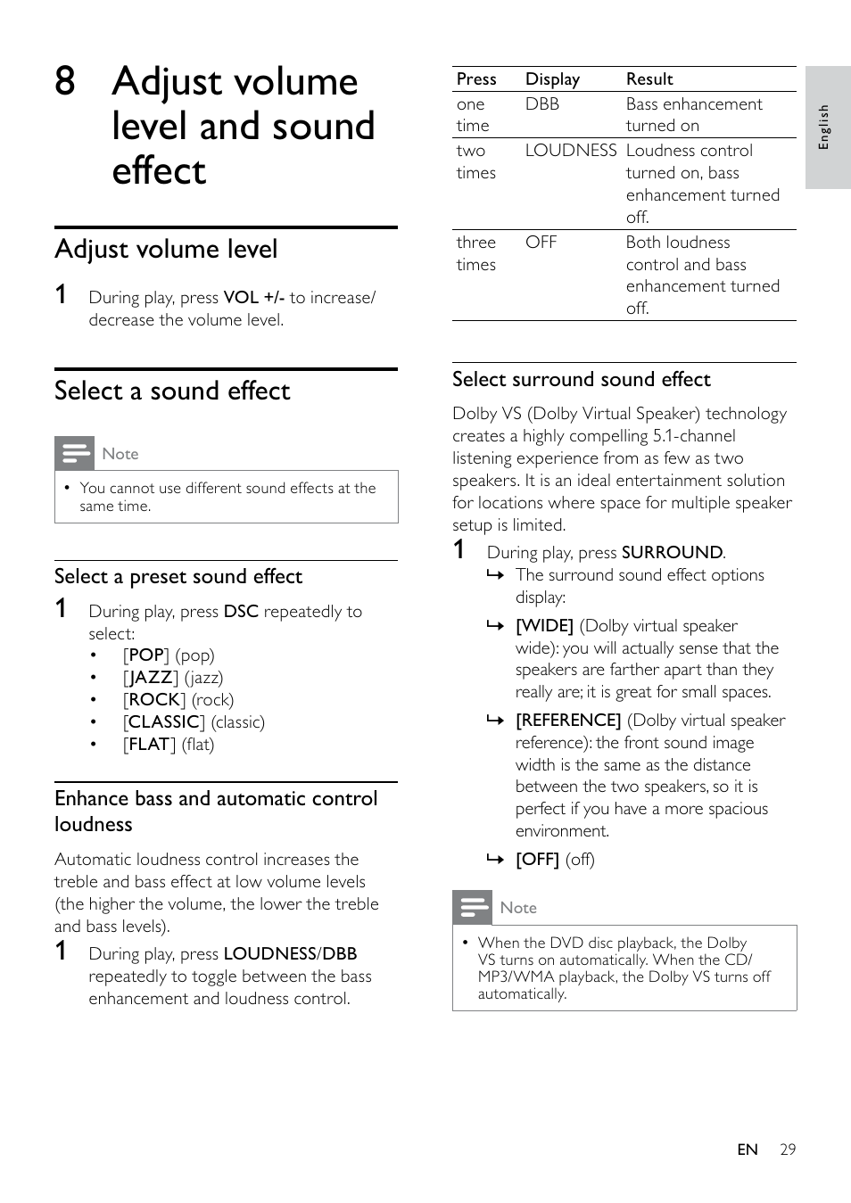 8 adjust volume level and sound effect, Adjust volume level, Select a sound effect | Adjust volume level 1 | Philips DCM263/55 User Manual | Page 28 / 36