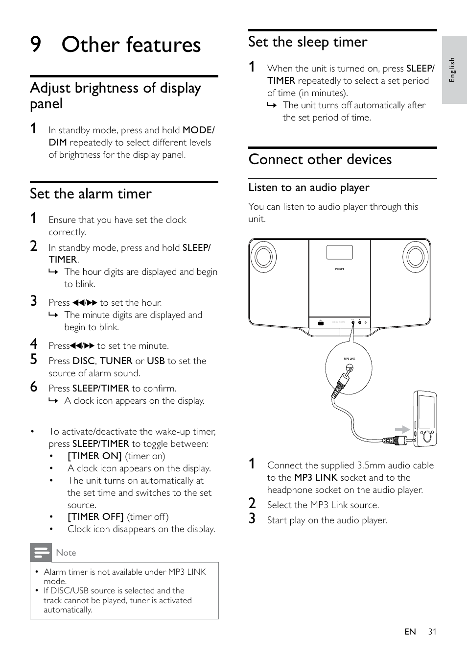 9 other features, Adjust brightness of display panel, Set the alarm timer | Set the sleep timer, Connect other devices, 9 other, Features | Philips DCM263/55 User Manual | Page 30 / 36
