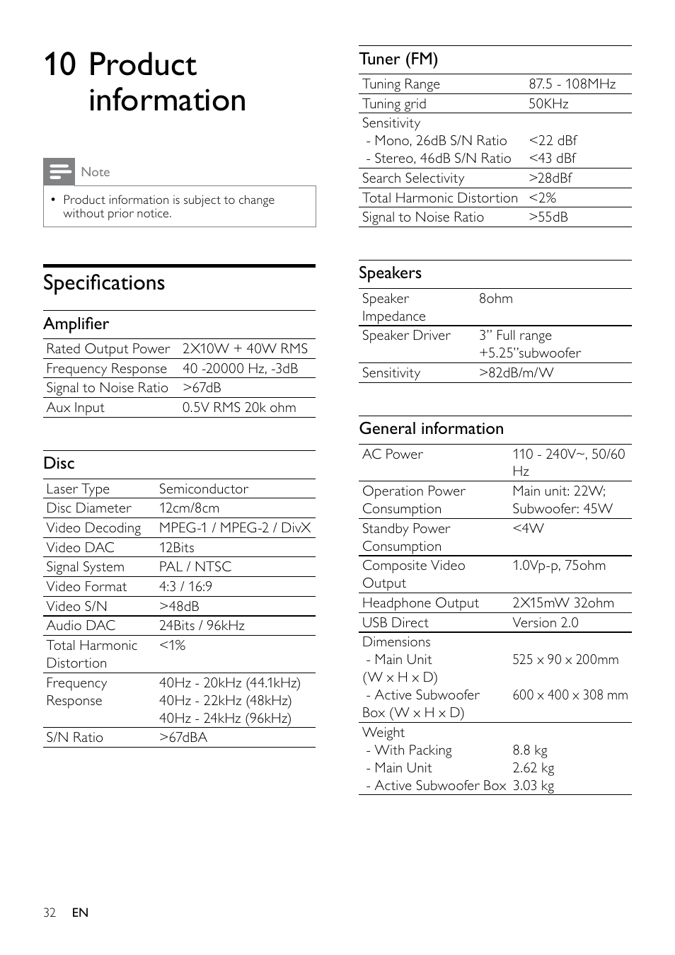 10 product information, Specifications, Speciﬁcations 32 | Speciﬁcations | Philips DCM263/55 User Manual | Page 31 / 36