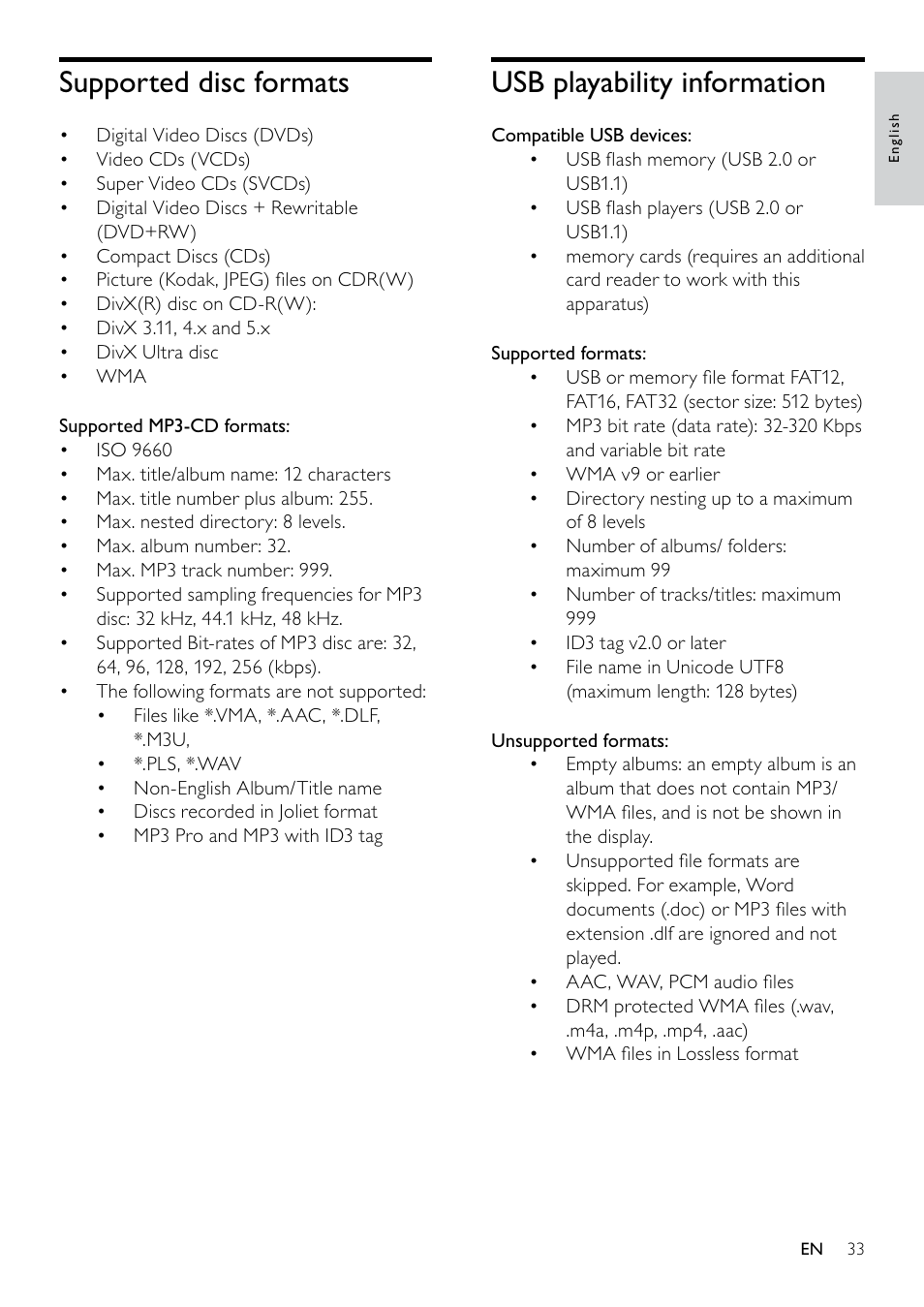 Supported disc formats, Usb playability information | Philips DCM263/55 User Manual | Page 32 / 36