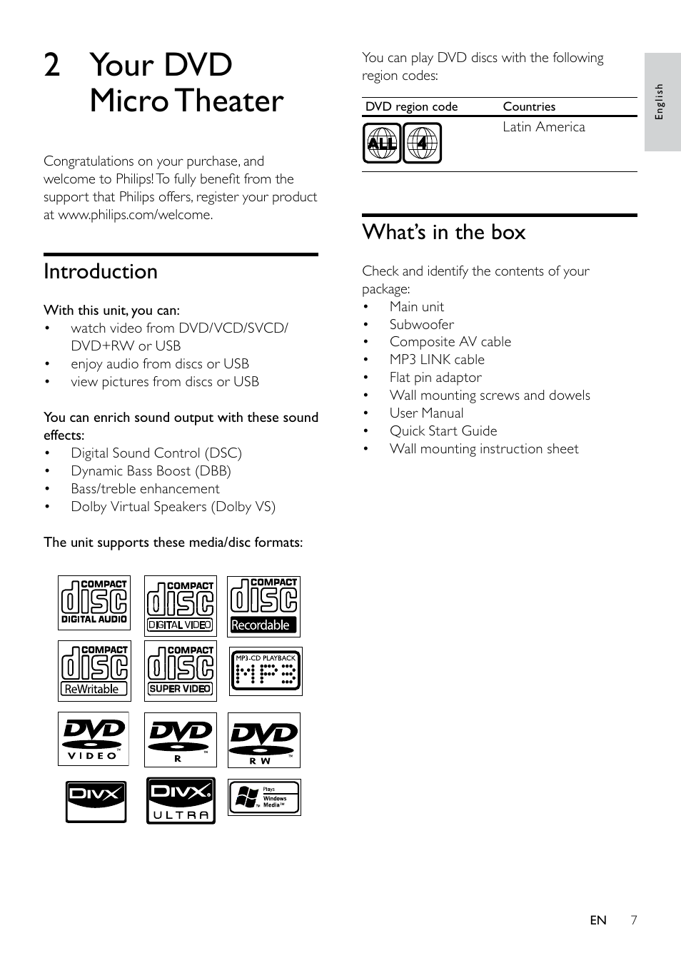 2 your dvd micro theater, Introduction, What’s in the box | Introduction 7 what’s in the box | Philips DCM263/55 User Manual | Page 6 / 36