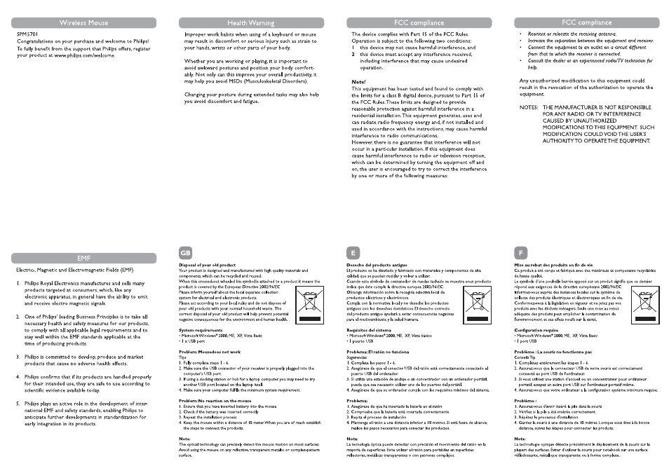 Wireless mouse, Health warning, Fcc compliance | Philips SPM5701 User Manual | Page 2 / 2