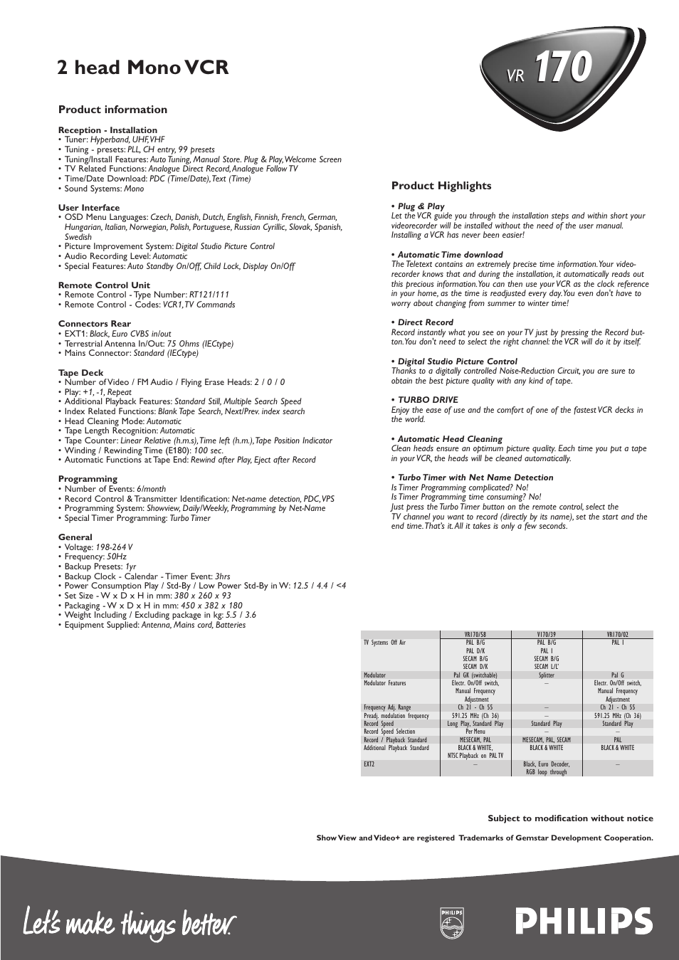 2 head mono vcr, Product highlights, Product information | Philips VR 170 User Manual | Page 2 / 2