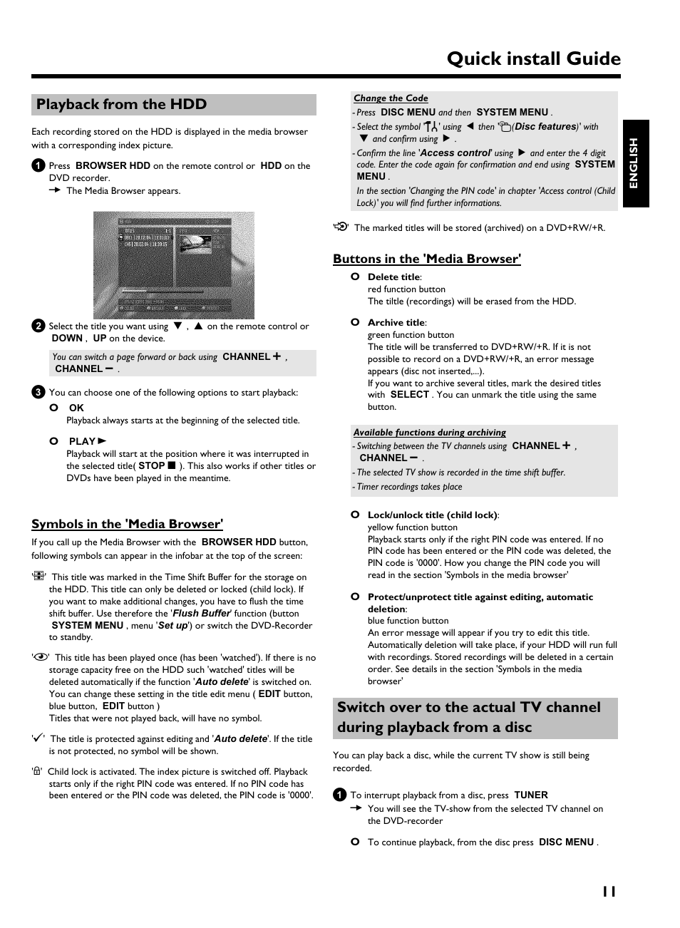 Playback from the hdd, Symbols in the 'media browser, Buttons in the 'media browser | Quick install guide, 11 playback from the hdd | Philips 725H/05 User Manual | Page 11 / 16