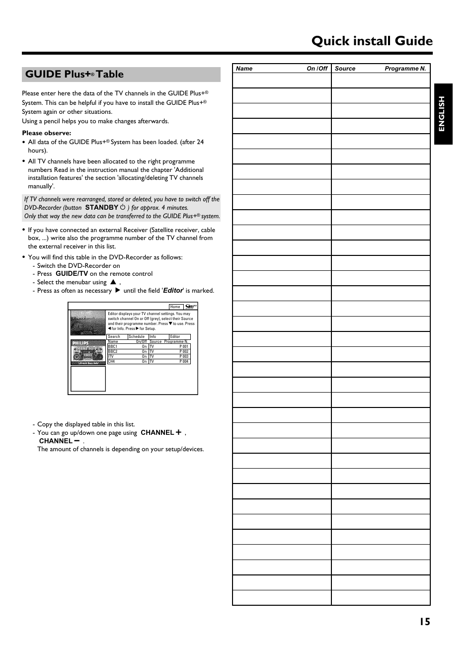 Guide plus+ ® table, Quick install guide, 15 guide plus | Table | Philips 725H/05 User Manual | Page 15 / 16