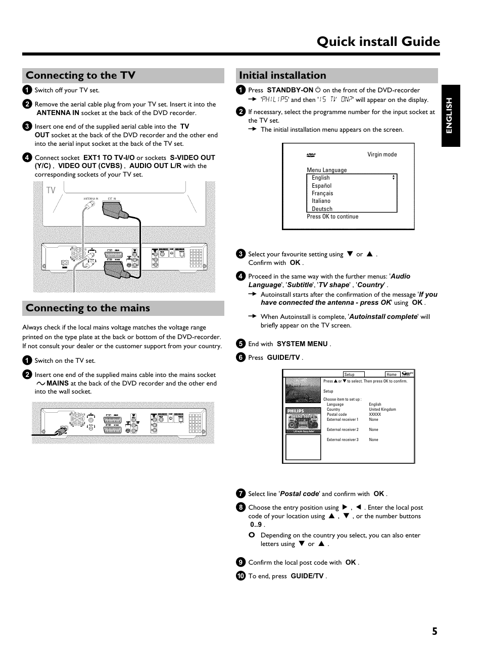 Connecting to the tv, Connecting to the mains, Initial installation | Quick install guide, 5connecting to the tv | Philips 725H/05 User Manual | Page 5 / 16