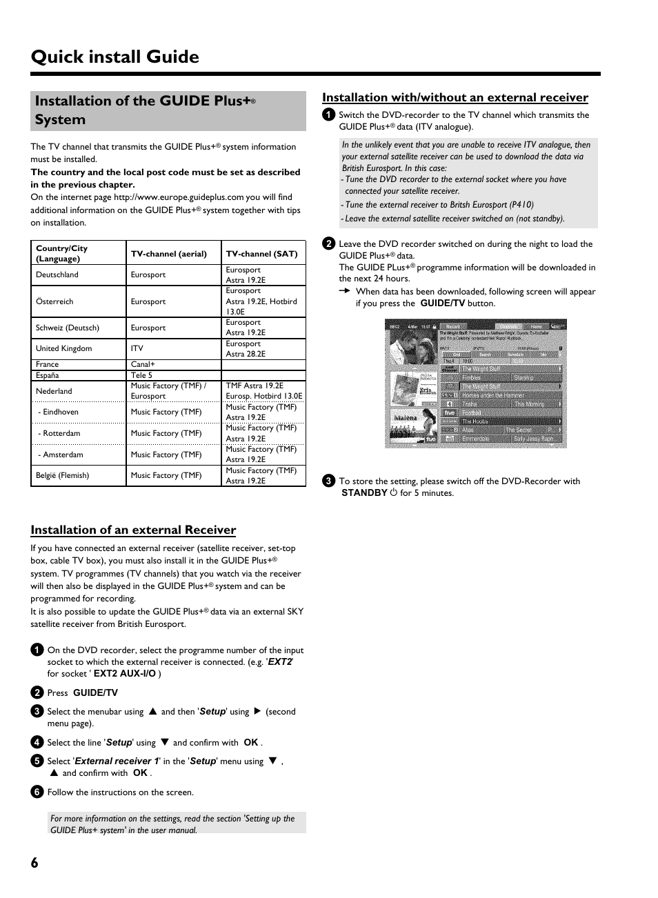 Installation of the guide plus+ ® system, Installation of an external receiver, Installation with/without an external receiver | Quick install guide, 6installation of the guide plus, System | Philips 725H/05 User Manual | Page 6 / 16