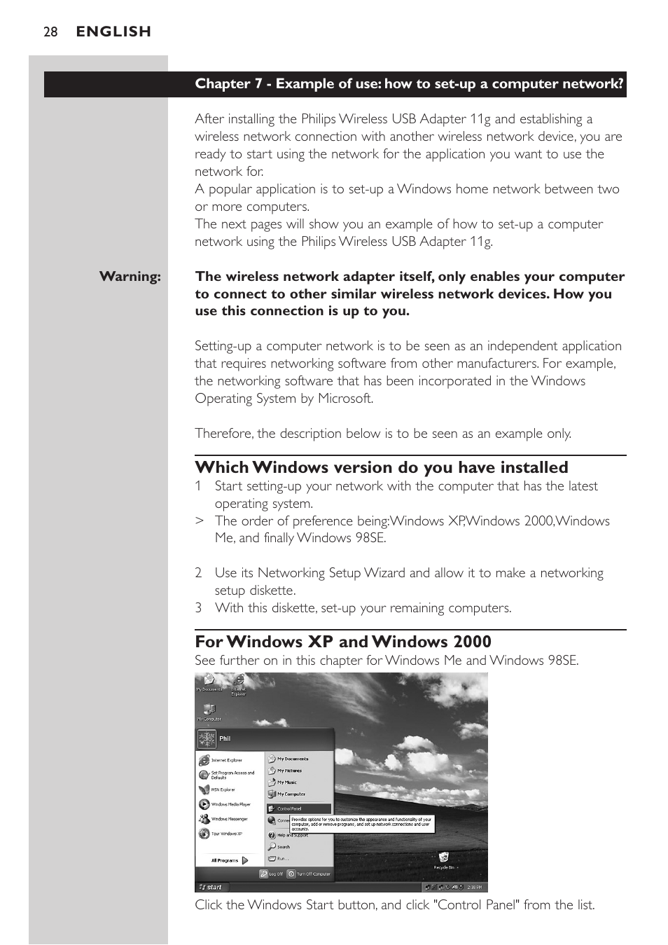 Which windows version do you have installed, For windows xp and windows 2000 | Philips CPWUA054 User Manual | Page 28 / 44