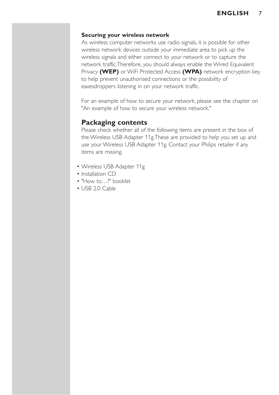Securing your wireless network, Packaging contents | Philips CPWUA054 User Manual | Page 7 / 44