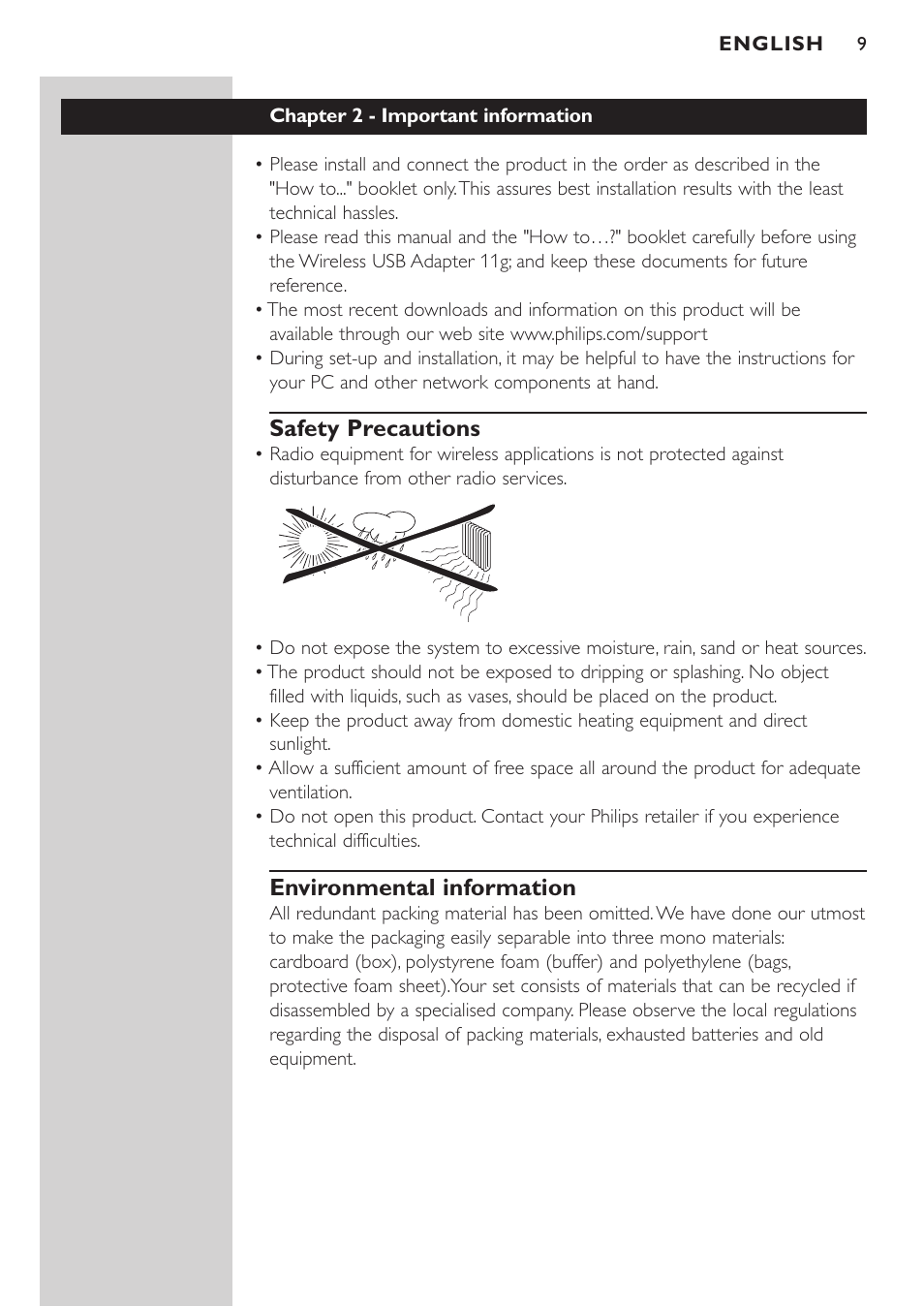 Chapter 2 - important information, Safety precautions, Environmental information | Philips CPWUA054 User Manual | Page 9 / 44
