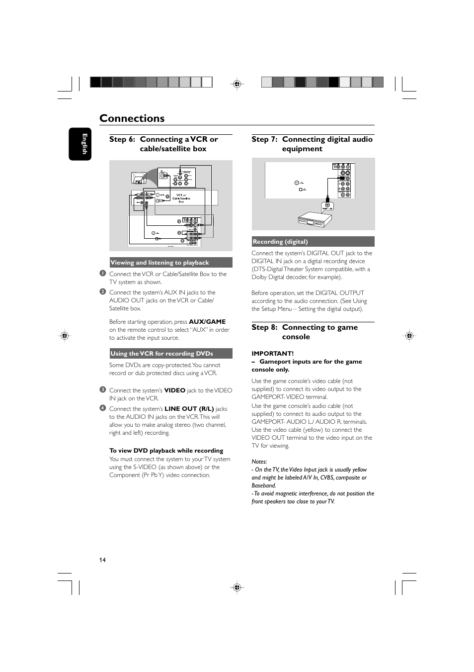 Connections, Step 6: connecting a vcr or cable/satellite box, Step 7: connecting digital audio equipment | Step 8: connecting to game console | Philips FWD570 User Manual | Page 14 / 49