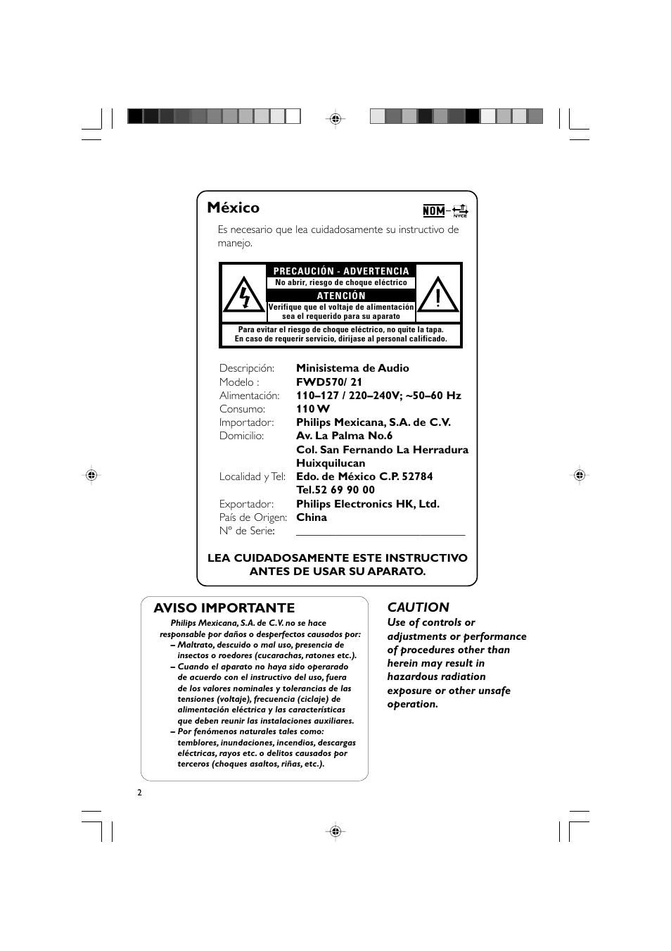 México, Caution, Aviso importante | Philips FWD570 User Manual | Page 2 / 49